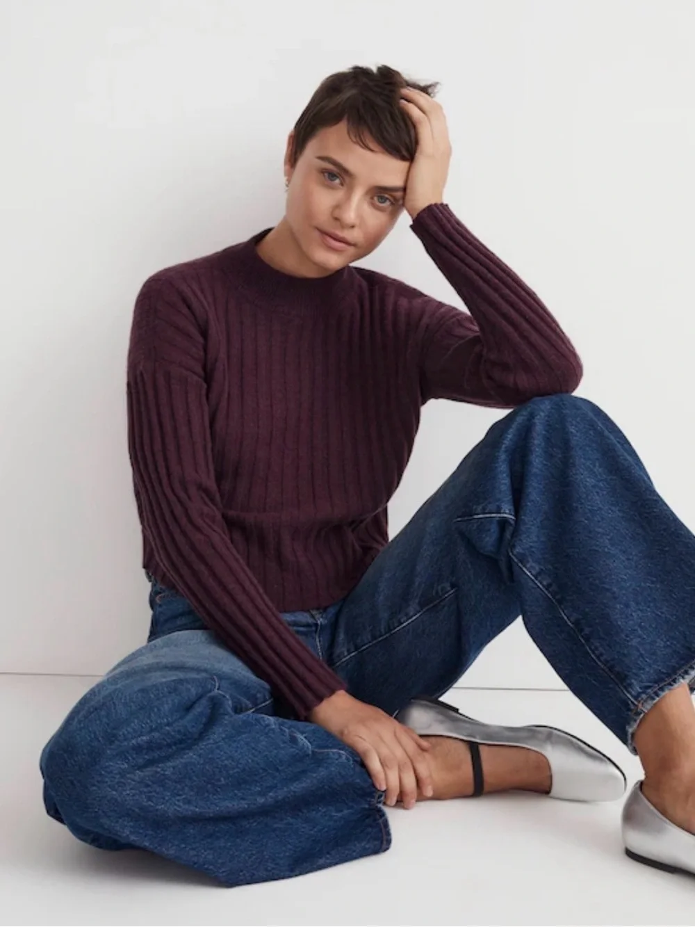 Madewell NEW Size XL Mockneck Crop Sweater Color Hthr Plum MSRP $88